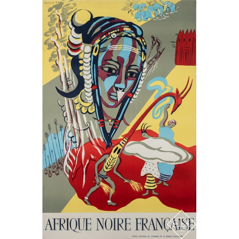 Affiche ancienne de voyage - Afrique Noire Française - Monique Cras - Circa 1950 - 101.5 par 66 cm