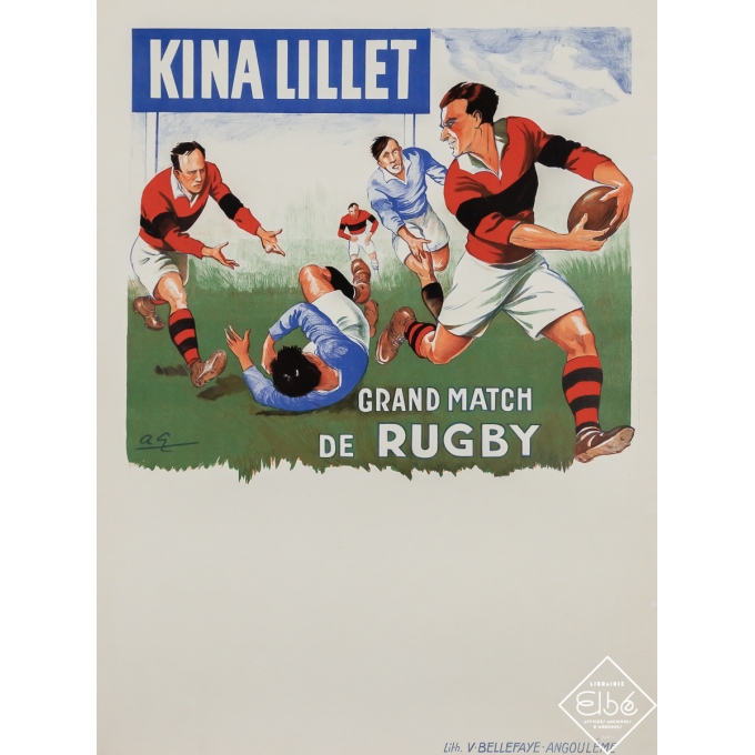 Affiche ancienne de publicité - Kina Lillet - Grand match de rugby - Albert Galland - Circa 1930 - 80 par 60 cm