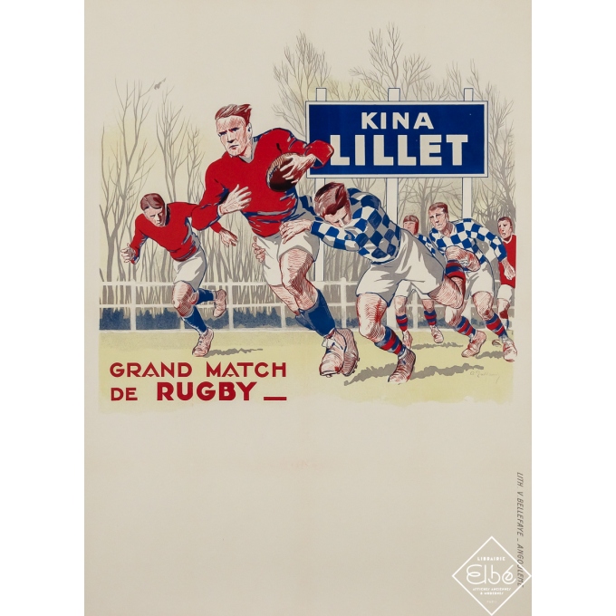 Affiche ancienne de publicité - Kina Lillet - Grand match de rugby - rouge - Albert Galland - Circa 1930 - 80.5 par 58.5 cm