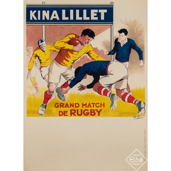 Affiche ancienne de publicité - Kina Lillet - Grand match de rugby - jaune - Albert Galland - Circa 1930 - 80 par 59 cm