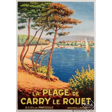 Vintage travel poster - La plage de Carry le Rouet - E. Roch - Circa 1920 - 42.1 by 30.3 inches