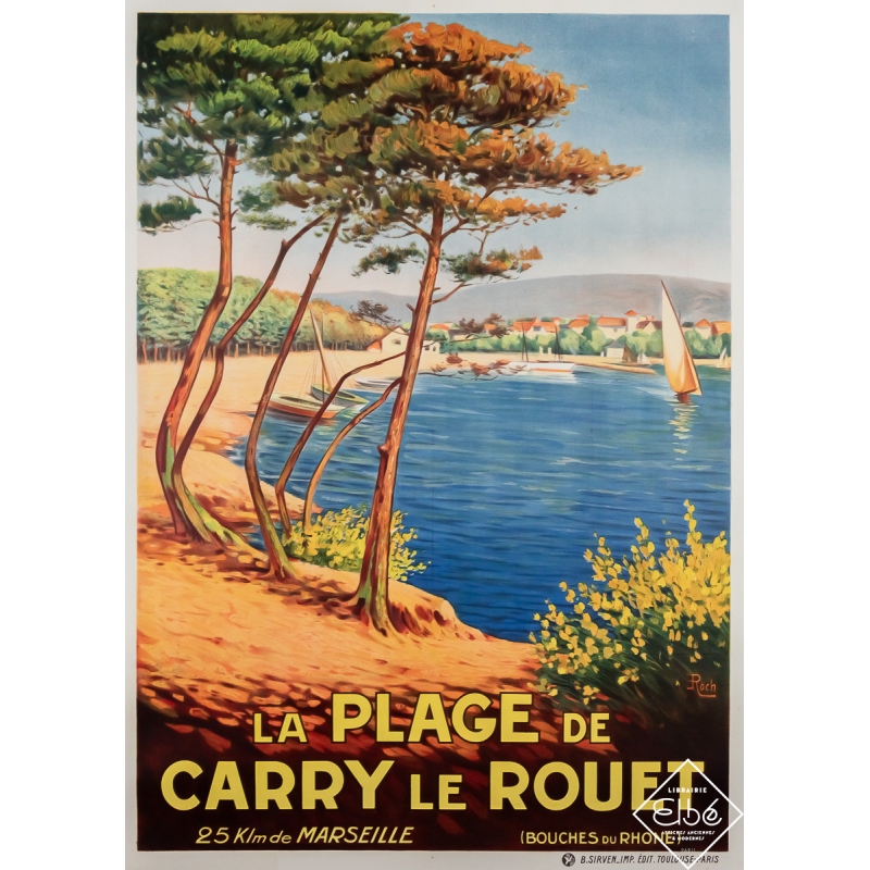 Affiche ancienne de voyage - La plage de Carry le Rouet - E. Roch - Circa 1920 - 107 par 77 cm