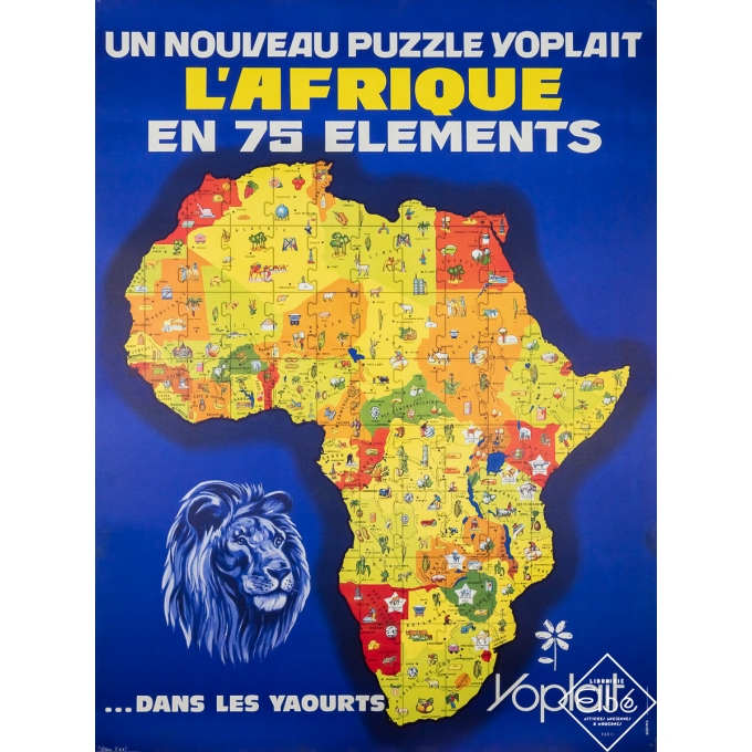 Affiche ancienne de publicité - L'Afrique en 75 éléments - Yoplait - Bleu Fort - Circa 1980 - 158 par 120 cm