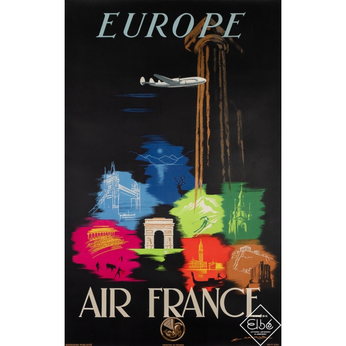 Affiche ancienne de voyage - Air France - Europe - E. Maurus - 1950 - 100 par 61 cm