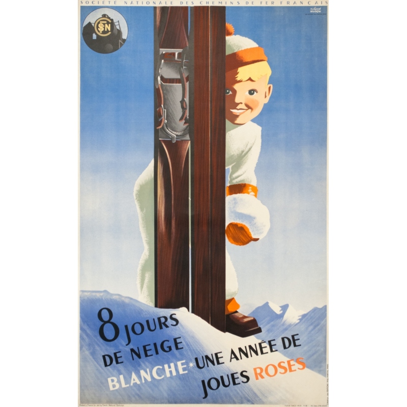 Affiche ancienne de voyage - Roland Hugon - 1938 - Huit jours de neige blanche SNCF - 100 par 62 cm