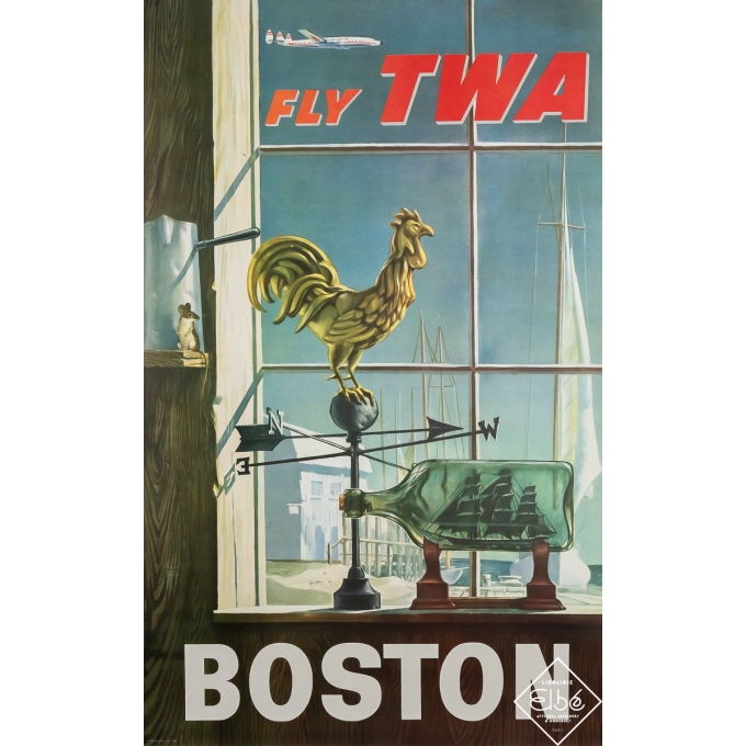 Affiche ancienne de voyage - Fly TWA - Boston - 1950 - 100 par 60 cm