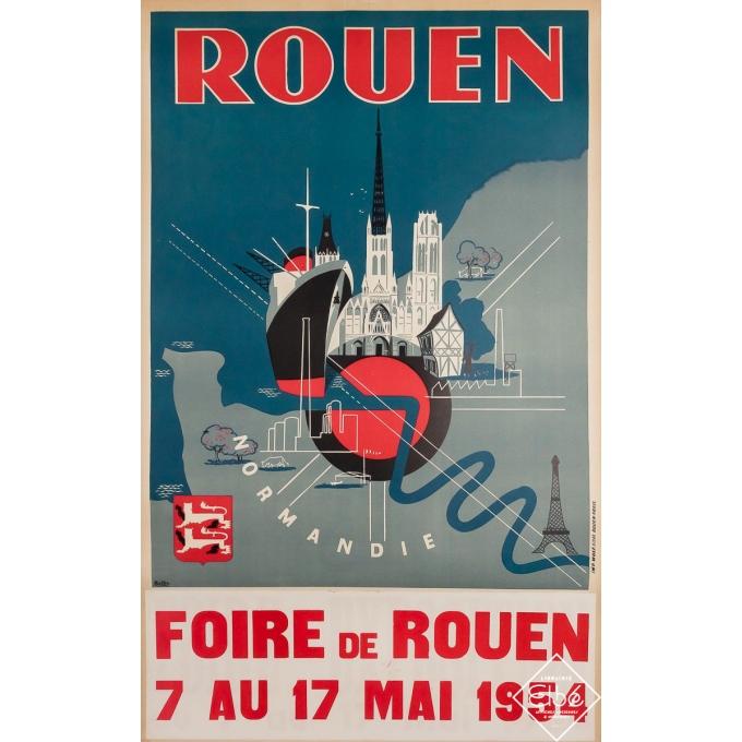 Affiche ancienne de voyage - Foire de Rouen - Bindle - 1954 - 100 par 62.5 cm