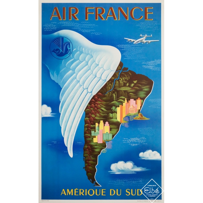 Affiche ancienne de voyage - Air France Amérique du Sud - Aile - Lucien Boucher - 1950 - 100 par 62 cm