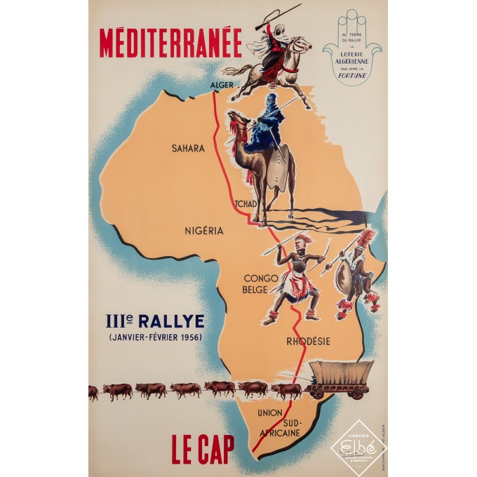 Affiche ancienne originale - IIIe Rallye - Méditerranée - Le Cap - Roger J. Irriéra - 1956 - 100 par 62.5 cm