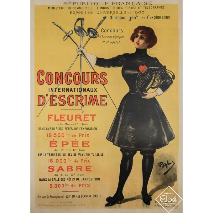 Affiche ancienne originale - Concours internationaux d'escrime - Exposition Universelle de 1900 - PAL - 1900 - 157 par 114 cm