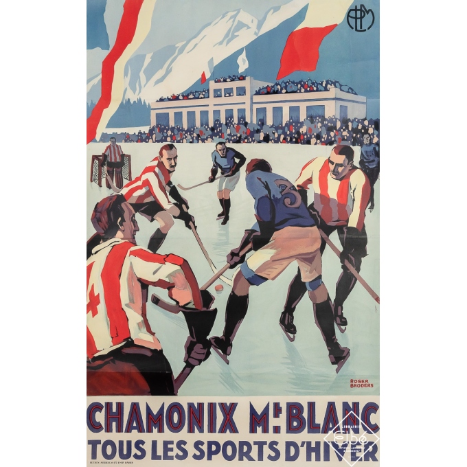 Affiche ancienne originale - Chamonix Mont Blanc Tous les sports d'hiver - Roger Borders - 1930 - 100 par 663 cm