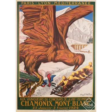 Affiche ancienne de voyage - 8e Olympiade - Chamonix - Mont Blanc - PLM - Auguste Matisse - 1924 - 108 par 77 cm