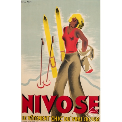 Affiche ancienne de publicité - Nivose le vêtement chic du vrai skieur - Kama Mégève - Circa 1950 - 116.5 par 75 cm