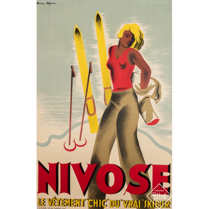 Affiche ancienne de publicité - Nivose le vêtement chic du vrai skieur - Kama Mégève - Circa 1950 - 116.5 par 75 cm