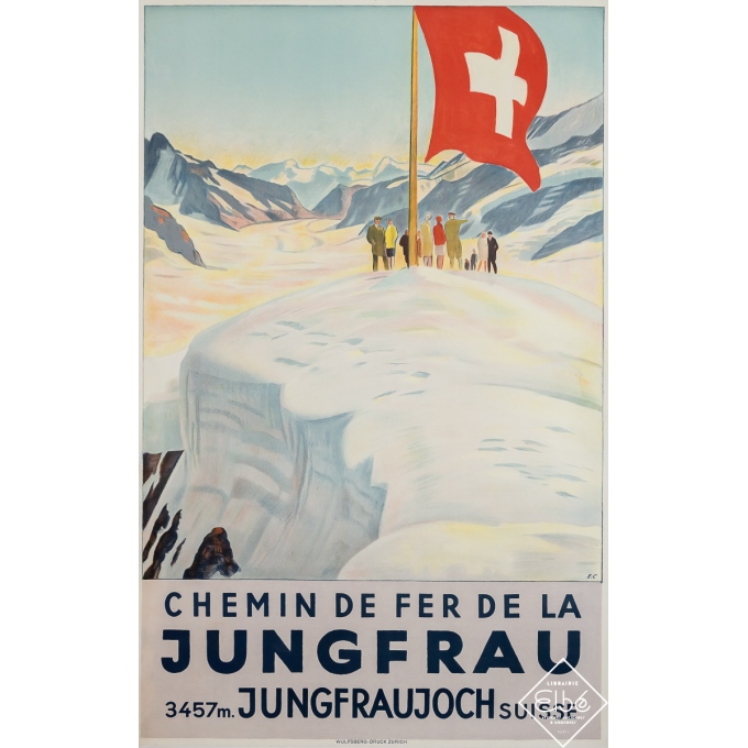 Affiche ancienne de voyage - Chemin de fer de la Jungfrau Suisse  - Emil Cardinaux - 1928 - 102 par 65 cm