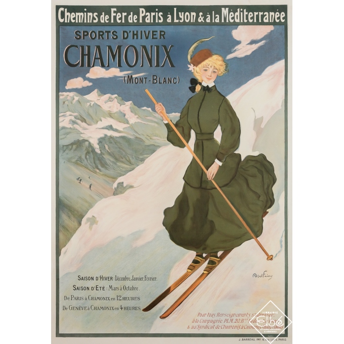 Affiche ancienne de voyage - Sports d'hiver Chamonix - Mont Blanc - Chemins de fer PLM - Abel Faivre - 1905 - 108.5 par 77 cm