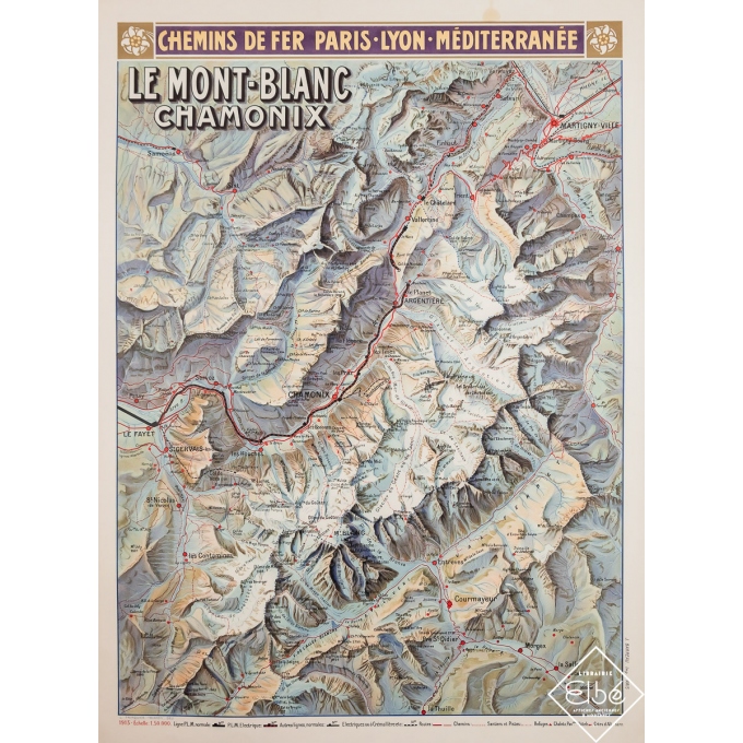 Affiche ancienne de voyage - Le Mont Blanc - Chamonix PLM - Carte - L. Trinquier-Trianon - 1913 - 108 par 79 cm
