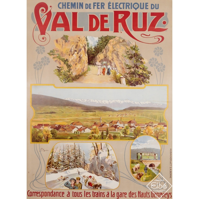 Affiche ancienne de voyage - Chemin de fer électrique du Val de Ruz - Suisse - Pellegrimmo - Circa 1900 - 81 par 60 cm