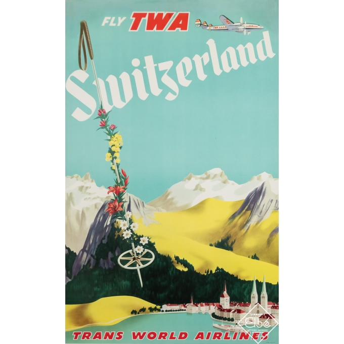 Affiche ancienne de voyage - Fly TWA - Switzerland - Suisse - Circa 1950 - 102 par 64 cm