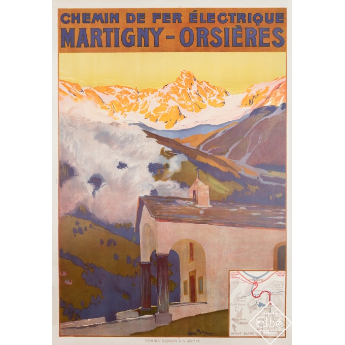 Affiche ancienne de voyage - Chemin de fer électrique Martigny - Orsières - Suisse - Edmond Bille - Circa 1920 - 101 par 70 cm