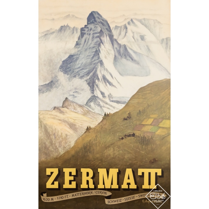 Affiche ancienne de voyage - Zermatt - Suisse - Aufdenblatten - 1956 - 102 par 64.5 cm