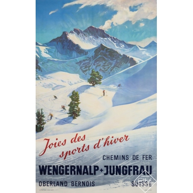 Affiche ancienne de voyage - Joies des sports d'hiver - Wengernalp Jungfrau Suisse -  - Circa 1940 - 102 par 65 cm