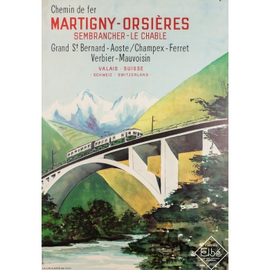 Vintage travel poster - Railway Switzerland Martigny-Orsières - Yo. Monay - Circa 1950 - 39.4 by 27.2 inches