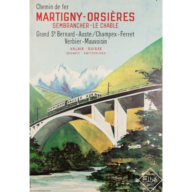 Affiche ancienne de voyage - Chemin de fer Martigny-Orsières - Yo. Monay - Circa 1950 - 100 par 69 cm