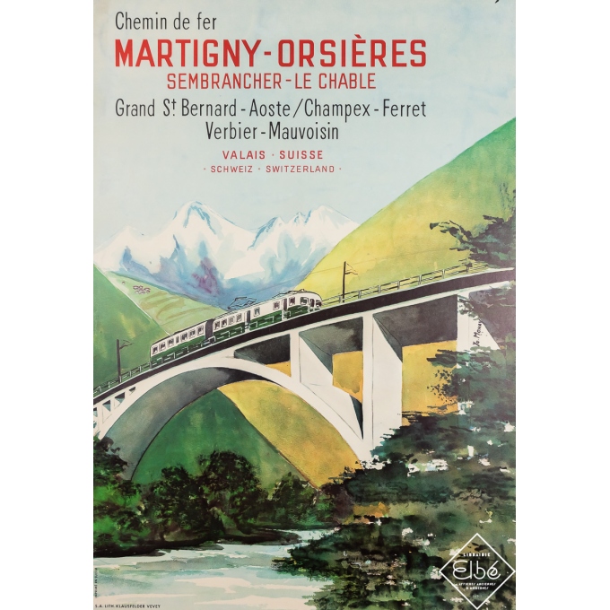 Vintage travel poster - Railway Switzerland Martigny-Orsières - Yo. Monay - Circa 1950 - 39.4 by 27.2 inches