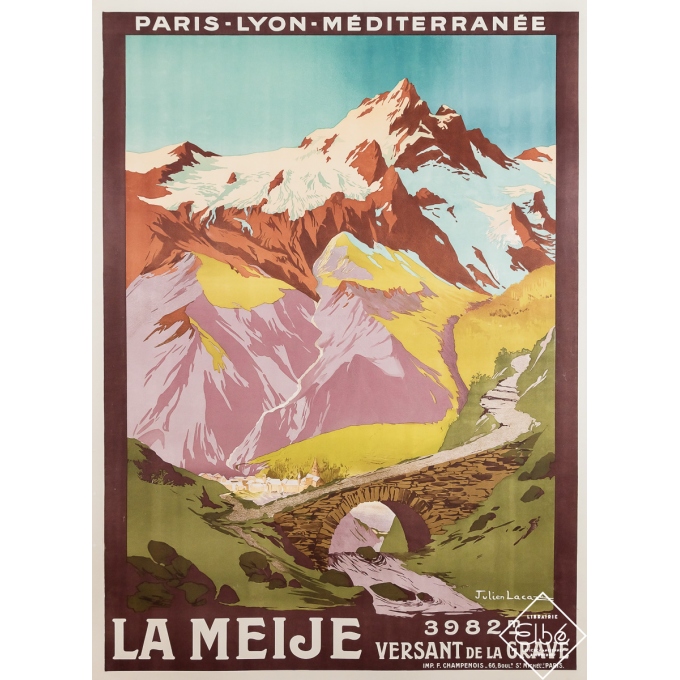 Vintage travel poster - La Meije Versant de la Grave - Julien Lacaze - Circa 1920 - 42.5 by 30.7 inches