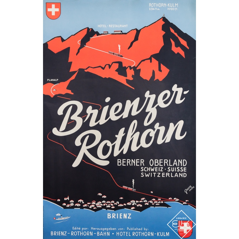 Affiche ancienne de voyage - Brienzer-Rothorn Suisse - Gander Brienz - Circa 1940 - 102 par 65 cm