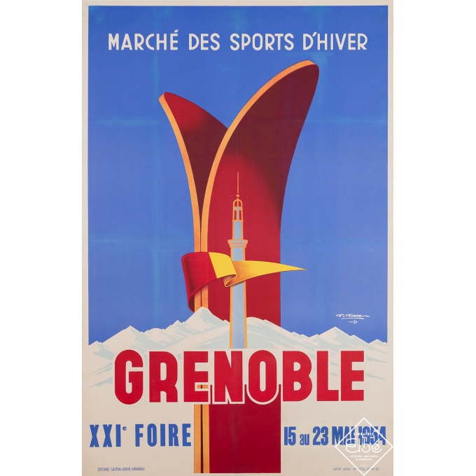 Affiche ancienne de voyage - 21e foire de Grenoble 1954 - Marché des sports d'hiver - G. Gorde - 1954 - 99 par 65 cm