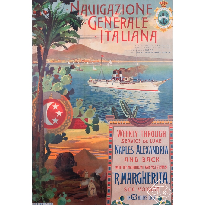 Affiche ancienne de voyage - Navigazione Generale Italiana - E. Marendino - Circa 1910 - 100 par 70 cm
