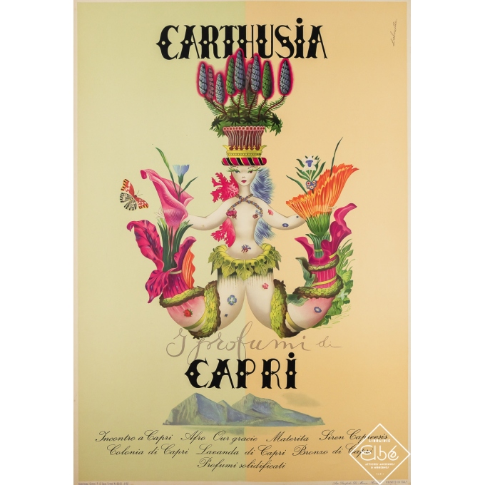 Affiche ancienne de publicité - Carthusia I profumi di Capri - L. Aboccetta - 1952 - 98 par 68.5 cm