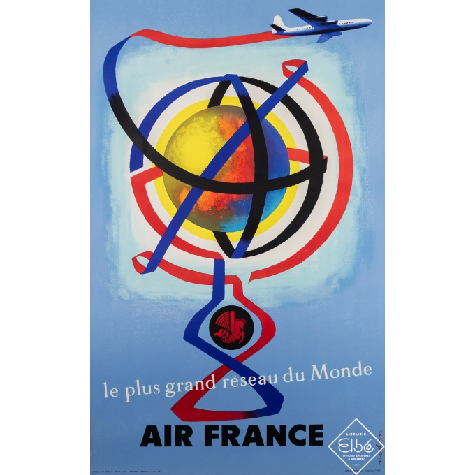 Affiche ancienne de voyage - Air France le plus grand réseau du monde - Nathan - 1956 - 100 par 63 cm
