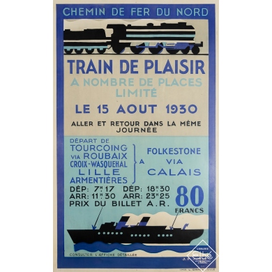 Vintage travel poster - Chemin de fer du Nord - Train de plaisir - J. P. Junot - 1930 - 39 by 24.4 inches