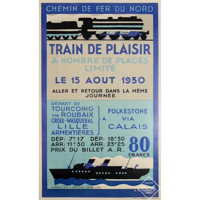 Affiche ancienne de voyage - Chemin de fer du Nord - Train de plaisir - J. P. Junot - 1930 - 99 par 62 cm