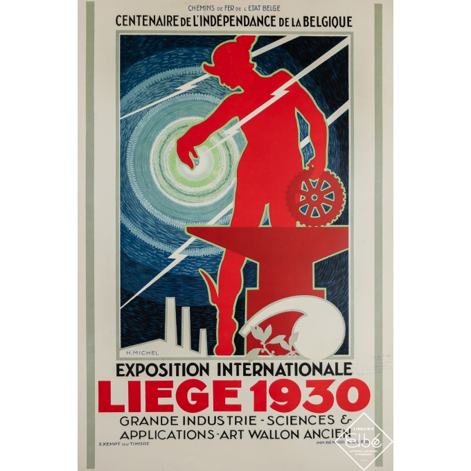 Affiche ancienne originale - Exposition internationale Liège - H. Michel - 1930 - 108.5 par 73.5 cm