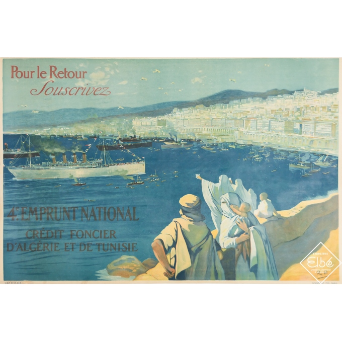 Affiche ancienne originale - 4e Emprunt national Alger - Algérie - Monogrammé R. P. - 1917 - 73.5 par 113 cm