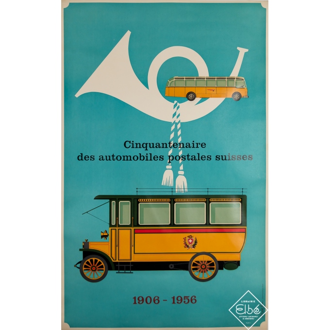 Affiche ancienne originale - Cinquantenaire des automobiles postales suisses - Donald Brun - 1956 - 102 par 64 cm
