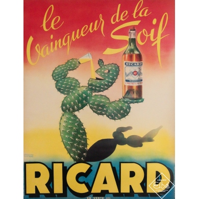 Vintage advertisement poster - Ricard - Le vainqueur de la soif - L. Dechaume d'après Carlotti - Circa 1960 - 24.8 by 18.9 inche
