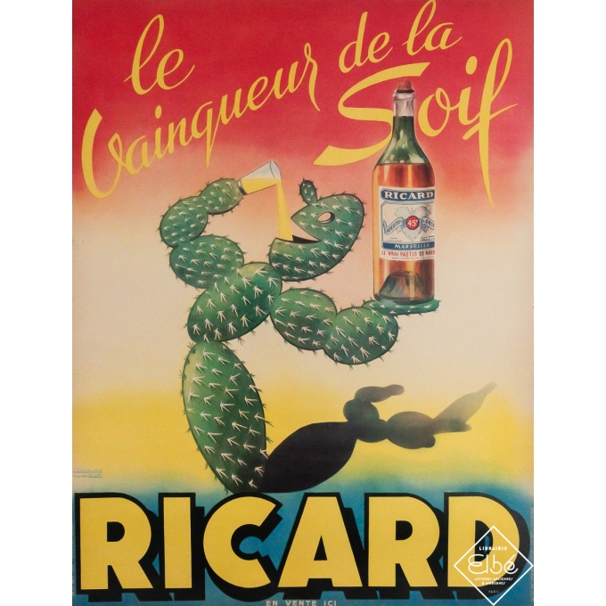 Affiche ancienne de publicité - Ricard - Le vainqueur de la soif - L. Dechaume d'après Carlotti - Circa 1960 - 63 par 48 cm