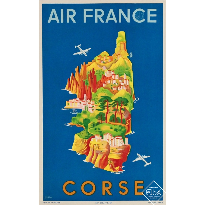 Affiche ancienne de voyage - Air France Corse carte illustrée - Lucien Boucher - 1949 - 49.5 par 31.5 cm