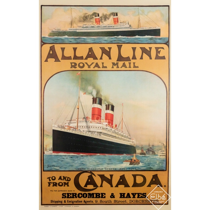 Vintage travel poster - Allan Line Royal Mail to and from Canada - James S. Mann - Circa 1930 - 40 by 25.2 inches