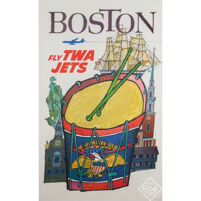 Affiche ancienne de voyage - Boston Fly TWA Jets - David Klein - Circa 1965 - 102.5 par 63 cm