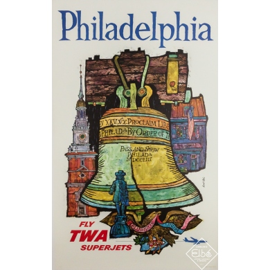 Vintage travel poster - Philadelphia Fly TWA Superjets - David Klein - Circa 1965 - 40.6 by 24.8 inches