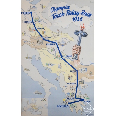 Affiche ancienne originale - Course de relais de la torche olympique 1936 - Jeux Olympiques - Lenz - 1936 - 101.5 par 64 cm