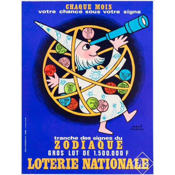 Affiche ancienne de publicité - Loterie Nationale Signes du zodiaque - Hervé Morvan - Circa 1975 - 40 par 30 cm
