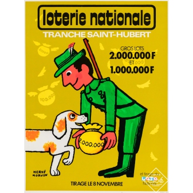 Affiche ancienne de publicité - Loterie Nationale Saint Hubert - Hervé Morvan - Circa 1975 - 39 par 29.5 cm