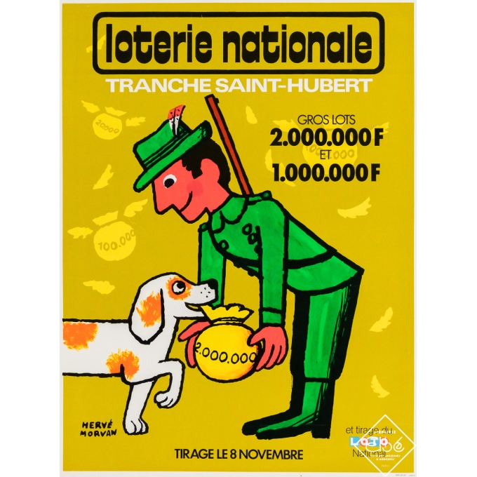 Affiche ancienne de publicité - Loterie Nationale Saint Hubert - Hervé Morvan - Circa 1975 - 39 par 29.5 cm